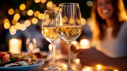 Romantic dinner setting featuring sparkling white wine glasses, glowing string lights, and smiling woman blurred in soft background ambiance