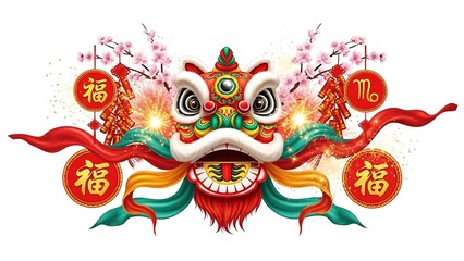 A detailed Chinese New Year celebration scene centered on an isolated white background, featuring traditional red lanterns glowing warmly, golden fu characters symbolizing blessings, horse fire