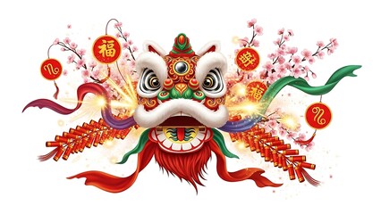 A detailed Chinese New Year celebration scene centered on an isolated white background, featuring traditional red lanterns glowing warmly, golden fu characters symbolizing blessings, horse fire