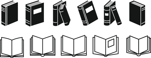 Book icon set, closed and open styles, black and white vector symbols, reading and education concept, flat vector illustration