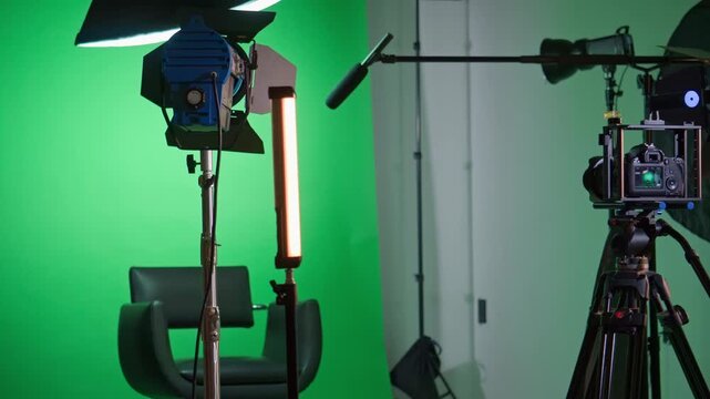 Television studio production set with green screen