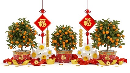 A detailed Chinese New Year celebration scene centered on an isolated white background, featuring traditional red lanterns glowing warmly, golden fu characters symbolizing blessings, horse fire