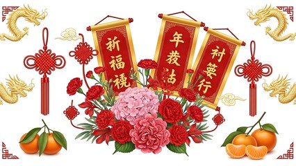 A detailed Chinese New Year celebration scene centered on an isolated white background, featuring traditional red lanterns glowing warmly, golden fu characters symbolizing blessings, horse fire