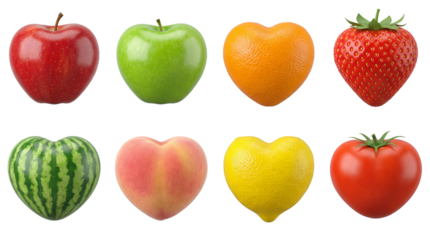 Heart shaped fruit set including apple, orange, strawberry, watermelon, peach, lemon, and tomato isolated. Healthy food and romantic diet concept.