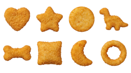 Breaded chicken nugget set including heart, star, dinosaur, ring, and moon shapes isolated. Fried snacks and kid meal food collection.