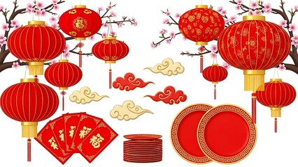 A detailed Chinese New Year celebration scene centered on an isolated white background, featuring traditional red lanterns glowing warmly, golden fu characters symbolizing blessings, horse fire