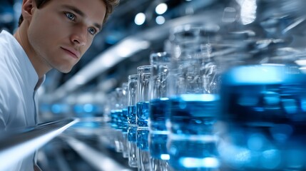Male scientist wearing white lab coat examining blue filled beakers, performing precision research within modern laboratory setting, concentrating on complex scientific investigation