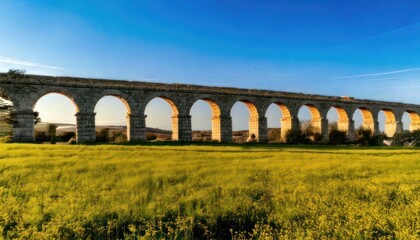 Fototapeta premium Ancient Roman Aqueduct in the Italian Countryside under a Blue Sky.