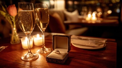 Romantic candlelit dinner with champagne and engagement ring in elegant setting for special occasions and celebrations