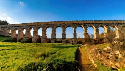 Fototapeta premium Ancient Roman Aqueduct of Tarragona, Spain - A Historic Landmark.
