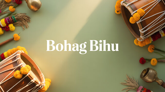 Bohag Bihu celebration with traditional drums, flowers, and cultural artifacts arranged on a green surface