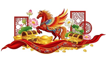 A detailed Chinese New Year celebration scene centered on an isolated white background, featuring traditional red lanterns glowing warmly, golden fu characters symbolizing blessings, horse fire