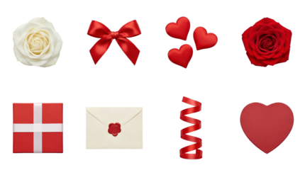 Romantic Valentine's day set including red and white roses, satin bow, hearts, gift box, envelope, and spiral ribbon isolated. Love and holiday celebration collection.