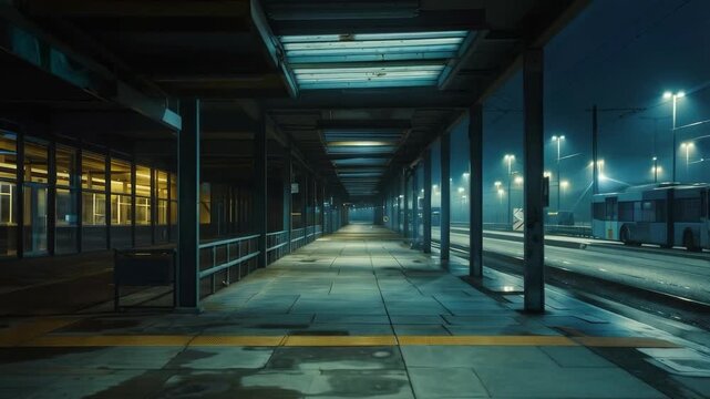 An empty platform with dim lighting and tracks stretching into the distance creates an atmosphere of anticipation and loneliness, suitable for an artistic backdrop in films or literary projects.
