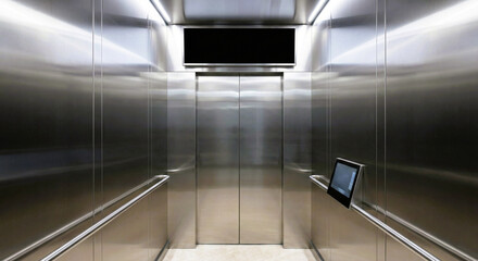 Modern Elevator Interior Showing Closed Metal Doors and Black Screen
