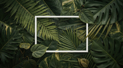 White frame resting on a variety generic lush green leaves creating a nature frame in a dense forest setting.