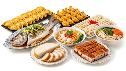 An elegant Chinese New Year dining spread on an isolated white background, showcasing succulent braised pork belly in rich reddish brown sauce glistening with flavor, and more of chinese new year