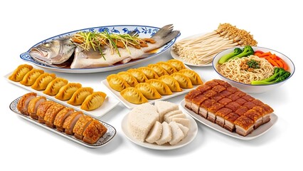 An elegant Chinese New Year dining spread on an isolated white background, showcasing succulent braised pork belly in rich reddish brown sauce glistening with flavor, and more of chinese new year