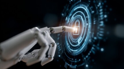 Metal robotic hand holding a digital padlock icon.