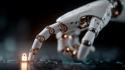 Robotic finger touching glowing digital padlock security interface