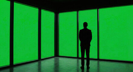 Businessman Silhouette Standing in Dark Office with Green Screen Windows © sxcd