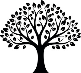 Fototapeta premium A minimalist black silhouette of a tree with a robust trunk and sprawling leafy branches on a white background