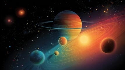 Vibrant cosmic nebula with planets and stars