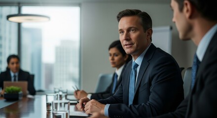 Business team in a modern office setting discussing ideas during a meeting with city view background corporate environment