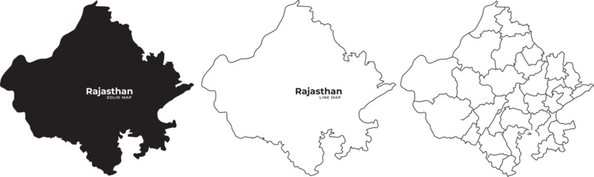 Rajasthan india state maps in black silhouette and outline vector graphic