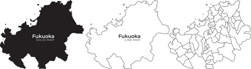 Obraz premium Fukuoka city maps in black and white with outline and detailed district boundaries