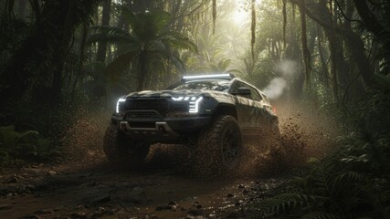 Camouflage SUV driving through foggy dense jungle.