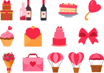 A cute flat vector set of Valentine’s Day icons including gifts, cakes, wine, hearts, balloons, flowers, and love letters in soft pink and red tones.