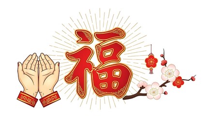 An elegant Chinese greeting symbol on an isolated white background, showcasing the character Fu meaning blessing in bold red calligraphy with gold borders and ornate decorative patterns,gong xi fa cai