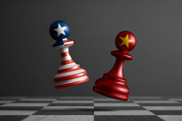 Figurines us against vietnam on chessboard illustrating president day national holidays in politics and potential conflict