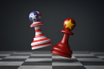 United states vs china concept for national holidays with chess pawn reflecting trade war between america us and asia