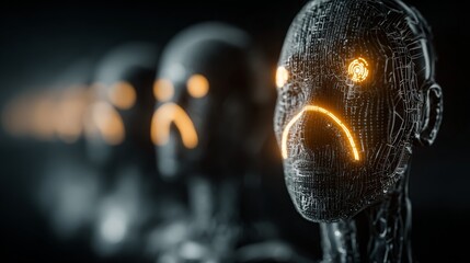 Sad robotic humanoid faces with glowing orange circuits