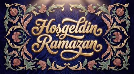 Ramadan kareem concept hosgeldin ramazan text with decorative ornaments and a dark background with star shapes is displayed