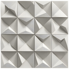 Fototapeta premium Grid of white 3d geometric tiles with pyramidal shapes and varying shades of gray and white tones and subtle shadows.