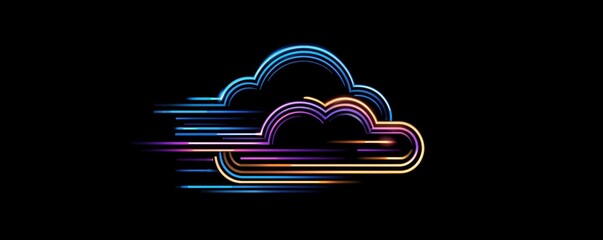 cloud technology logo design, vector graphic, flat style, black background, simple, with colorful lines and glowing effect, with the main colors of dark blue, purple, and orange Generative AI