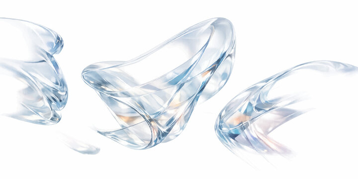Three translucent abstract liquid forms on white background with soft blue and amber lighting