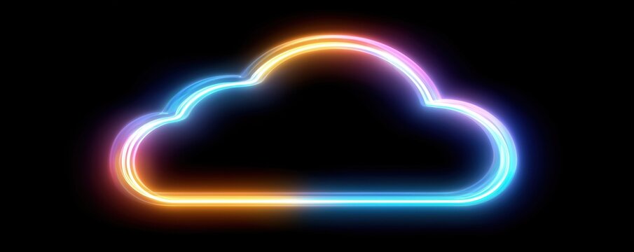 cloud icon, glowing neon lines and colorful shapes on black background Generative AI - Powered by Adobe