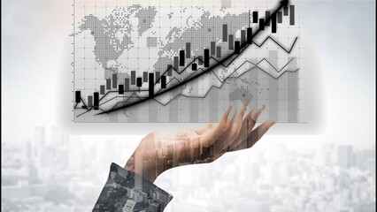 A creative representation of a hand holding a vibrant financial growth chart. The graphic displays a world map and stock market trends, symbolizing progress and success. Copula