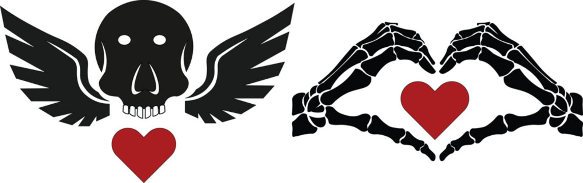 Gothic Skull Wings Skeleton Hands Heart Love Illustration with vector illustration