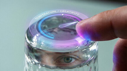Human Hand Adjusting Holographic Creativity Temperature Settings with Eye Looking Through Glass