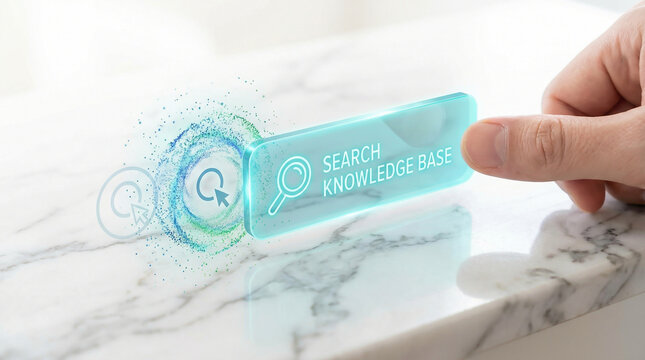 Conceptual Image of Hand Interacting with a Futuristic Search Knowledge Base Digital Interface on Marble Surface