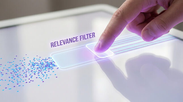 Person using a digital relevance filter on a touchscreen for big data analysis and information sorting