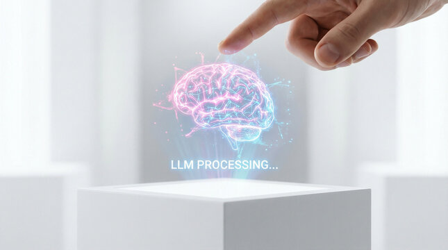 Artificial Intelligence Concept with Human Hand Touching a Glowing Holographic Brain Representing LLM Processing - Powered by Adobe