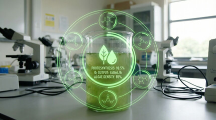 Microalgae Biofuel Research in Laboratory with Digital Data Overlay for Photosynthesis and Oxygen Analysis