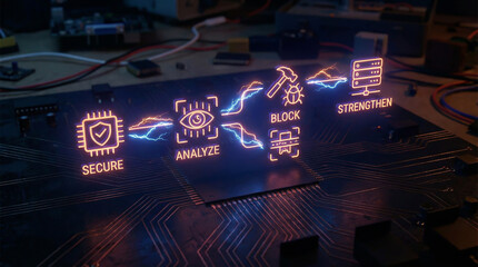Cybersecurity and Hardware Data Protection Concept on Electronic Circuit Board with Glowing Digital Icons