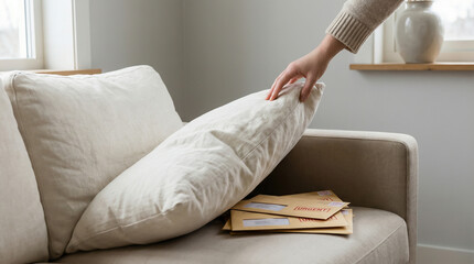 Person Revealing Urgent Mail Hidden Under a Sofa Cushion at Home